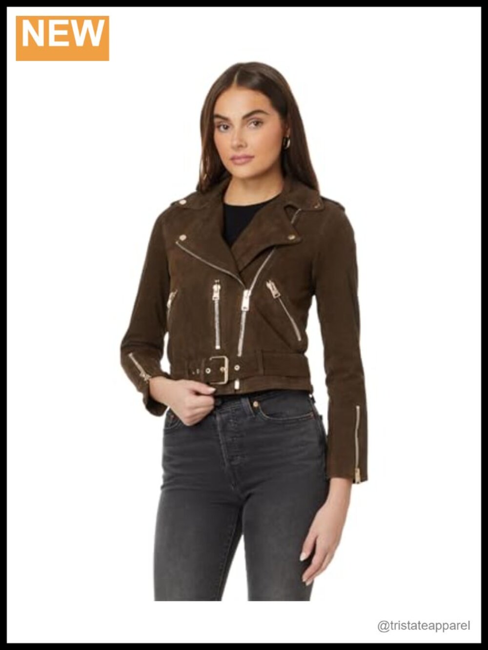 100% Goatleather Suede Biker Jacket, Asymmetric Zip, Fitted Crop